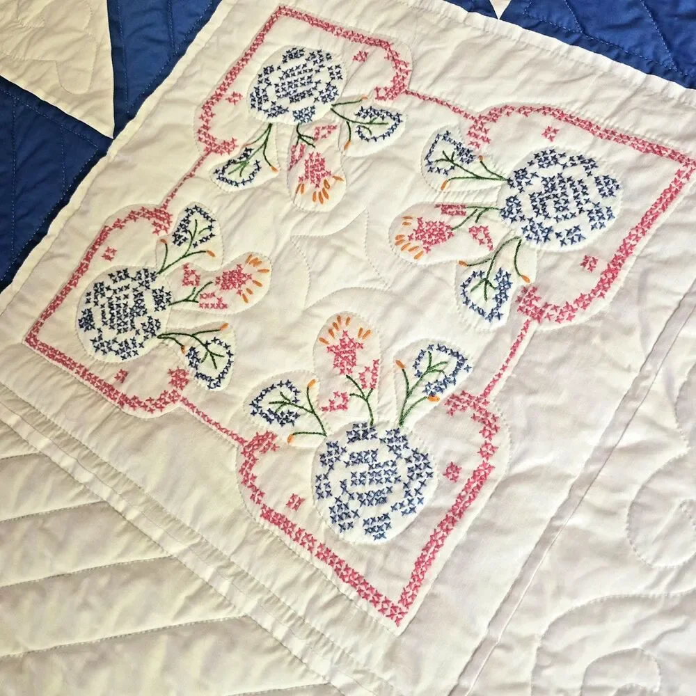 Vintage Handmade Quilt 88x103 Blue & White Cross Stitch Prairie Point Edge Queen